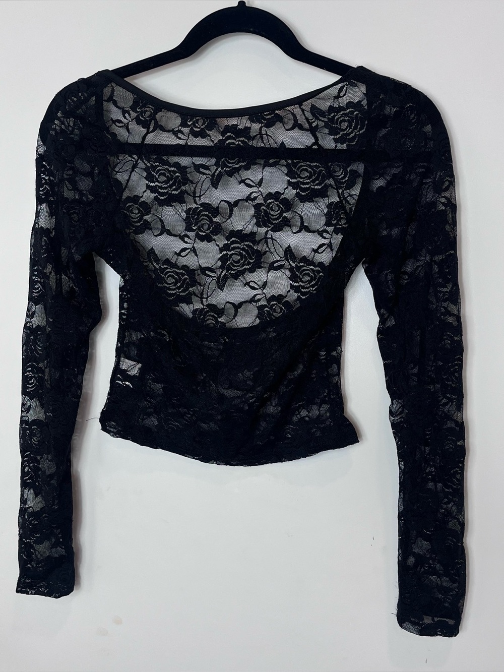 Black Sheer Floral Lace Long Sleeve Crop Going Out Top Mesh Femme Small Backless